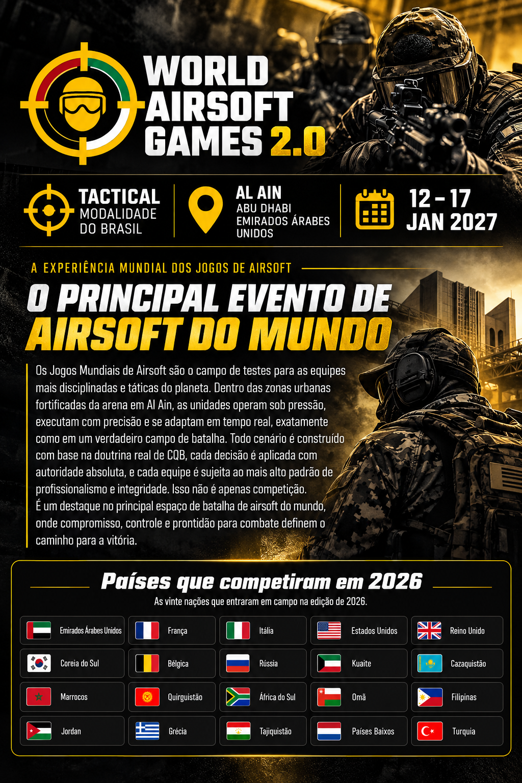 World Airsoft Games 2027: competição internacional promete reunir atletas de diversos países nos Emirados Árabes Unidos